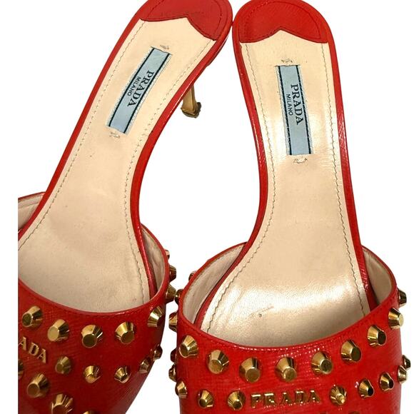 Prada Gold Studded Red Kitten Heels Sz. 37 (US 7) - Picture 3 of 8